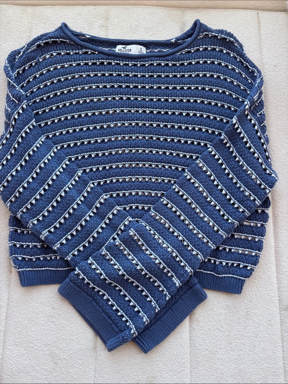 Hollister Blue and White Striped Open-Knit Crew Sweater